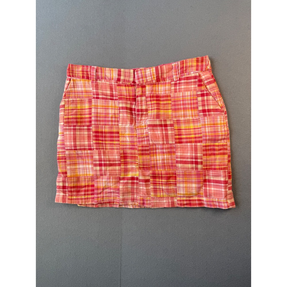British Khaki Womens Pink Orange Patchwork Plaid Mini Skirt Size 6 Preppy Madras